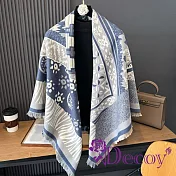 【Decoy】仕女時尚 秋冬加厚雙面圖騰奢華披肩圍巾/藍色