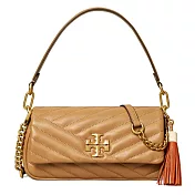 TORY BURCH 絎縫皮革流蘇翻蓋斜背鍊包-駝色