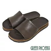 【GREEN PHOENIX】男 拖鞋 素面 寬版帶 全真皮 平底 臺灣製 EU42 咖啡色