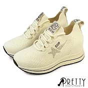【Pretty】女 休閒鞋 懶人鞋 內增高 厚底 襪套 顯瘦 EU37 米色