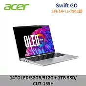 ★硬碟升級★Acer 宏碁 Swfit Go SFG14-73-790E 14吋OLED AI特仕筆電(CU7-155H/32G/512G+1TB/W11/2年保/銀)
