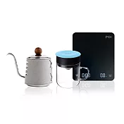 【PO:Selected】丹麥手沖咖啡三件組(電子秤/手沖壺-共2色/玻璃杯240ml-共4色) 手沖壺-灰+玻璃杯-天使藍