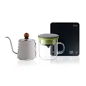 【PO:Selected】丹麥手沖咖啡三件組(電子秤/手沖壺-共2色/玻璃杯350ml-共4色) 手沖壺-灰+玻璃杯-黑綠