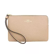 COACH 經典LOGO系列 皮革拉鍊手拿包零錢包 奶茶色