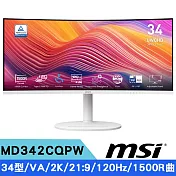 MSI微星 MD342CQPW 34型 2K VA護眼曲面螢幕-白 (21:9/1500R/120Hz/喇叭/可調式支架)