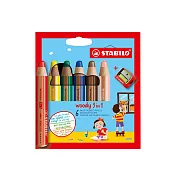 【STABILO】思筆樂 Woody 3合1多用途水彩粉蠟筆 6色附專用削筆器 / 組 8806-2
