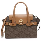 MICHAEL KORS 滿版LOGO拼接皮革翻蓋兩用包-咖駝