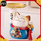 摩達客◉春節開運◉財源滾滾頂盤陶瓷招財貓-托盤藍色款_撲滿存錢桶擺飾桌飾