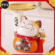 摩達客◉春節開運◉財源滾滾頂盤陶瓷招財貓-托盤橘色款_撲滿存錢桶擺飾桌飾
