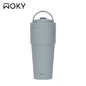 【WOKY 沃廚】–[●●]渾圓杯-手提雙層陶瓷款750ml(附矽膠粗吸管) 紺青藍