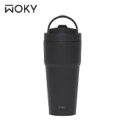【WOKY 沃廚】–[●●]渾圓杯-手提雙層陶瓷款750ml(附矽膠粗吸管) 灰墨