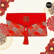 摩達客◉春節開運招財◉高級綢緞橫式小款金福字大吉大利扇葉流蘇藝術紅包袋錢包/單入