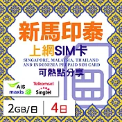 【無限全球通GLOBAL WiFi】新馬印泰上網SIM卡 4日方案 每日2GB降速吃到飽 新馬印泰網卡 4G高速上網SIM卡