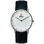 OBAKU 纖薄哲學二針時尚腕錶-黑帶銀框白-大