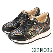 【GREEN PHOENIX】女 休閒鞋 懶人鞋 真皮 內增高 刺繡 顯瘦 輕量 免綁鞋帶 EU35 黑色