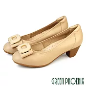【GREEN PHOENIX】女 高跟鞋 包鞋 粗跟 全真皮 足弓 蝴蝶結 OL 通勤 面試 EU35 杏色