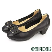 【GREEN PHOENIX】女 高跟鞋 包鞋 粗跟 全真皮 足弓 蝴蝶結 OL 通勤 面試 EU38 黑色