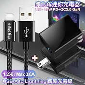 CITY 35W Gan氮化鎵Type-C(PD)+USB快充黑+MyStyle 耐彎折編織線 USB to Lightning-黑120cm