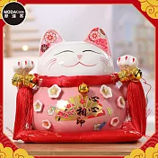 摩達客◉春節開運招財◉8.5吋粉紅心心相印桃花招財貓(含坐墊)_撲滿存錢桶擺飾桌飾
