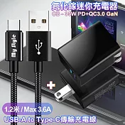 CITY 35W Gan氮化鎵Type-C(PD)+USB快充黑+MyStyle 耐彎折編織線 USB to Type-C-黑120cm