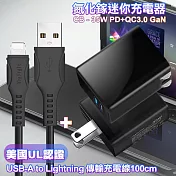 CITY 35W Gan氮化鎵Type-C(PD)+USB快充黑+MyStyle 國際UL認證線 USB to Lightning 快充線-黑100cm
