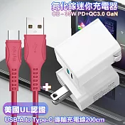 CITY 35W Gan氮化鎵Type-C(PD)+USB快充白+MyStyle 國際UL認證線 USB to Type-C 快充線-桃紅200cm