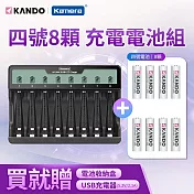 【4號充電電池套裝組】KANDO 鎳氫4號 AAA充電電池 8入+ 液晶充電顯示 八槽充電器 C8 Type-C供電