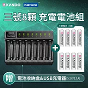 【3號充電電池套裝組】KANDO 鎳氫3號 AA充電電池 8入+ 液晶充電顯示 八槽充電器 E8 USB供電