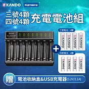 【3號+4號充電電池套裝組】KANDO 鎳氫3號 AA充電電池 4入+ 鎳氫4號 AAA充電電池 4入+液晶充電顯示 八槽充電器 E8 USB供電