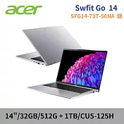 ★硬碟升級★Acer 宏碁 Swfit Go SFG14-73T-50NA 14吋 AI筆電(CU5-125H/32G/512G+1TB SSD/W11/2年保/銀)
