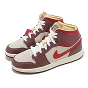 Nike 休閒鞋 Air Jordan 1 Mid SE GS 大童 女鞋 酒紅 麵包袋 奶油吐司 AJ1 HF3196-100 23.5cm RED/BEIGE