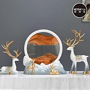 摩達客◉開運招財◉淺藍漸層山水雙鹿立體創意橙色流沙畫擺飾三件套組_客廳玄關臥室好風水好運勢