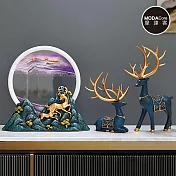 摩達客◉開運招財◉雪花藍綠金角麋鹿情深立體創意橙色流沙畫擺飾三件套組_客廳玄關臥室好風水好運勢