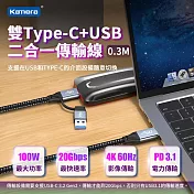 Kamera USB3.1 雙Type-C+USB 二合一傳輸線 (0.3M) PD3.1 100W/20V/5A 20Gbps 4K@60Hz 充電傳輸二合一 高速傳輸