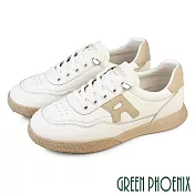 【GREEN PHOENIX】女 休閒鞋 小白鞋 厚底 真皮 顯瘦 免綁帶 EU35 杏色