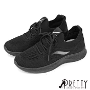 【Pretty】女 休閒鞋 懶人鞋 綁帶 厚底 襪套 顯瘦 EU36 黑色