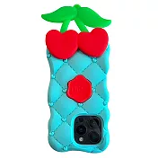 【Candies】iPhone 16 Pro - 菱格紋愛心櫻桃手機殼(藍)