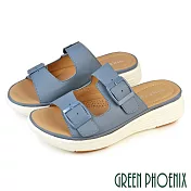 【GREEN PHOENIX】女 拖鞋 厚底拖鞋 小坡跟 雙皮帶釦 輕量 吸震減壓 EU38 藍色