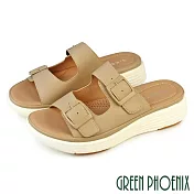 【GREEN PHOENIX】女 拖鞋 厚底拖鞋 小坡跟 雙皮帶釦 輕量 吸震減壓 EU36 杏色