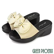 【GREEN PHOENIX】女 拖鞋 厚底拖鞋 楔型拖鞋 蝴蝶結 輕量 吸震減壓 真皮 JP23 米色