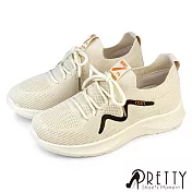 【Pretty】女 休閒鞋 懶人鞋 綁帶 厚底 襪套 顯瘦 EU36 米色