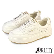 【Pretty】女 休閒鞋 板鞋 運動鞋 小白鞋 熊貓鞋 綁帶 平底 皮革 JP23 米色