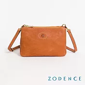 ZODENCE HAN義大利植鞣革雙拉鍊三層斜背包  經典駝