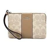 COACH 經典LOGO系列 皮革拉鍊手拿包零錢包 灰褐x沙色