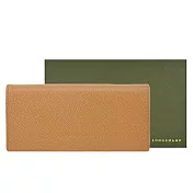 LONGCHAMP LE FOULONNÉ系列牛皮簡約翻蓋12卡壓釦長夾 胡桃棕