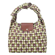 LONGCHAMP LE PLIAGE系列滿版格紋印花棉質帆布蝴蝶結肩背包(中) 朝鮮薊綠