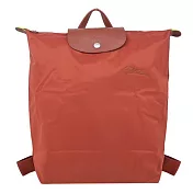 LONGCHAMP LE PLIAGE GREEN系列刺繡再生尼龍摺疊後背包(中) 栗子紅