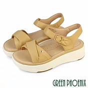 【GREEN PHOENIX】女 涼鞋 厚底涼鞋 楔型涼鞋 沾黏帶 扭結 輕量 羊皮 JP23 杏色