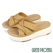 【GREEN PHOENIX】女 拖鞋 厚底拖鞋 楔型拖鞋 扭結 輕量 羊皮 JP22.5 杏色