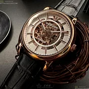 ARMANI阿曼尼精品錶,編號：AR00069,44mm圓形玫瑰金精鋼錶殼白色雙面機械鏤空錶盤真皮皮革深黑色錶帶